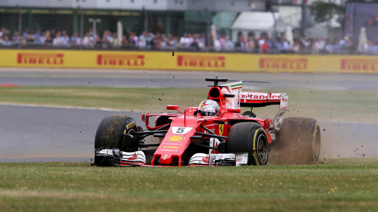 Sebastian Vettel (GER) Ferrari SF70-H with runs wide front delaminating tyre at Formula One World Championship, Rd10, British Grand Prix, Race, Silverstone, England, Sunday 16 July 2017. © Sutton Images