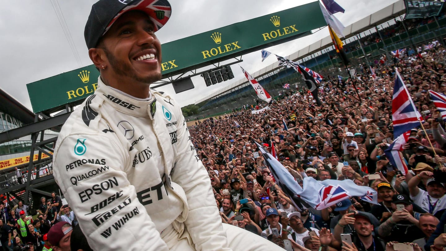 Race winner Lewis Hamilton (GBR) Mercedes AMG F1 celebrates with the fans at Formula One World Championship, Rd10, British Grand Prix, Race, Silverstone, England, Sunday 16 July 2017. © Sutton Images