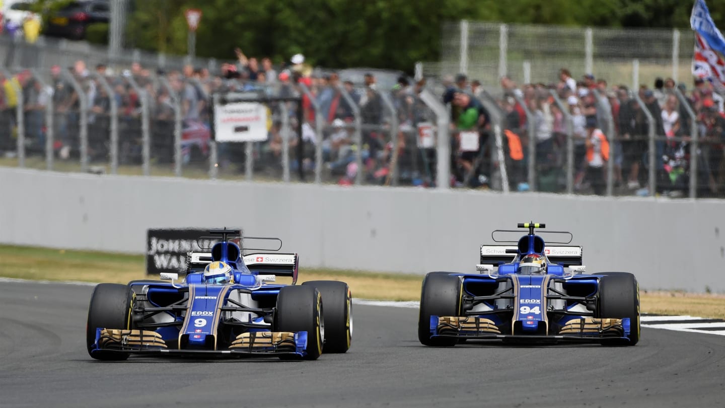 Marcus Ericsson (SWE) Sauber C36 and Pascal Wehrlein (GER) Sauber C36 at Formula One World Championship, Rd10, British Grand Prix, Race, Silverstone, England, Sunday 16 July 2017. © Sutton Images