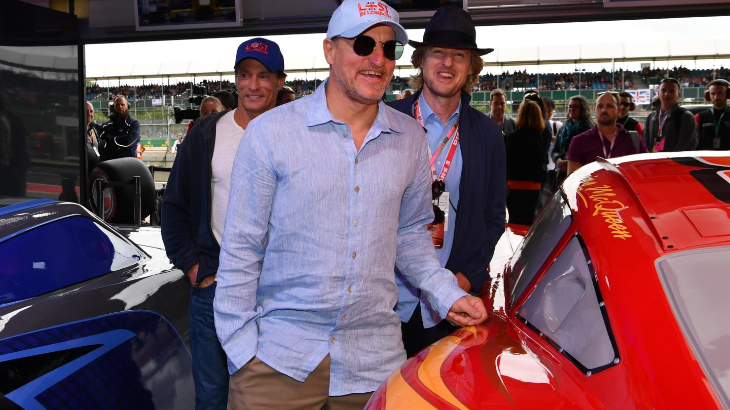 Woody Harrelson (USA) Actor and Owen Wilson (USA) Actor in the cars 3 garage at Formula One World Championship, Rd10, British Grand Prix, Race, Silverstone, England, Sunday 16 July 2017. © Sutton Images