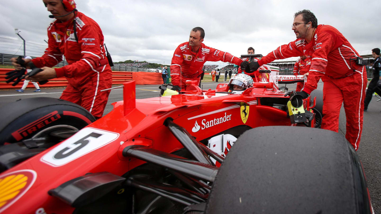 Sebastian Vettel (GER) Ferrari SF70-H on the grid at Formula One World Championship, Rd10, British