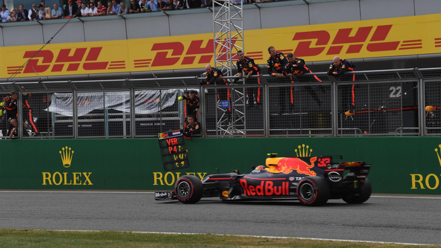 Max Verstappen (NED) Red Bull Racing RB13 crosses the line at Formula One World Championship, Rd10,
