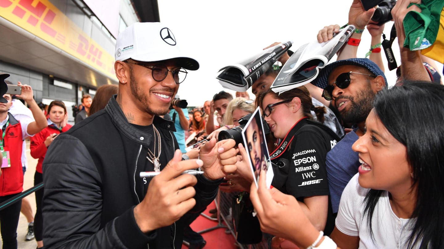 Lewis Hamilton (GBR) Mercedes AMG F1 signs autographs for the fans at Formula One World Championship, Rd10, British Grand Prix, Preparations, Silverstone, England, Thursday 13 July 2017. © Sutton Images
