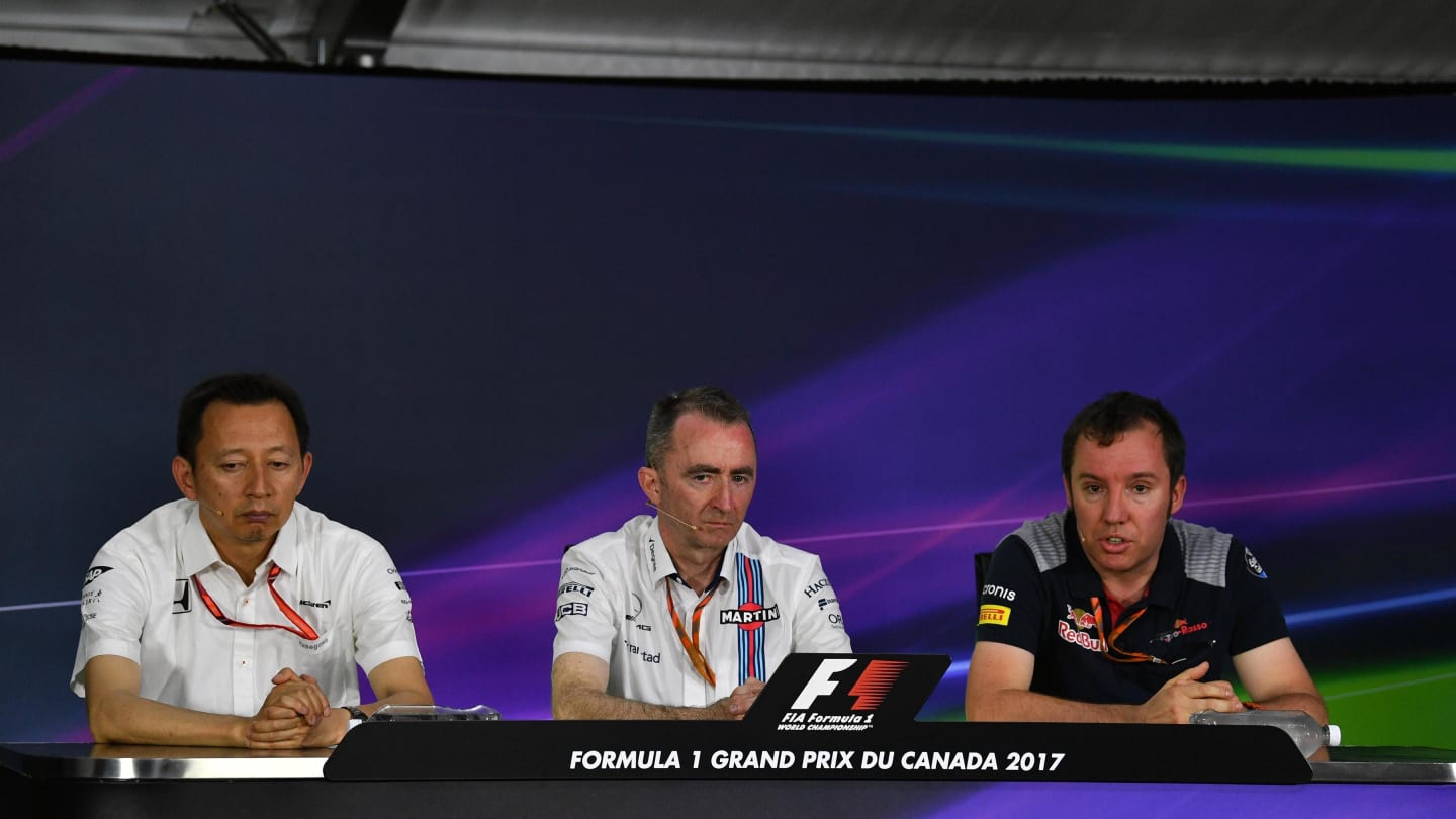 (L to R): Yusuke Hasegawa (JPN) Head of Honda Motorsport, Paddy Lowe (GBR) Williams Shareholder and Technical Director and Jody Egginton, Scuderia Toro Rosso Head of Vehicle Performance in the Press Conference at Formula One World Championship, Rd7, Canadian Grand Prix, Practice, Montreal, Canada, Friday 9 June 2017. © Sutton Motorsport Images