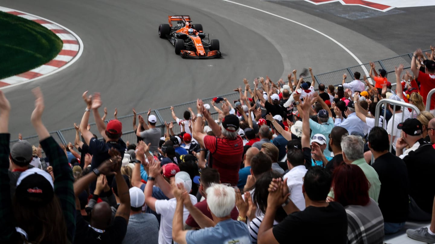 Fernando Alonso (ESP) McLaren MCL32 waves to the fans at Formula One World Championship, Rd7, Canadian Grand Prix, Practice, Montreal, Canada, Friday 9 June 2017. © Sutton Motorsport Images