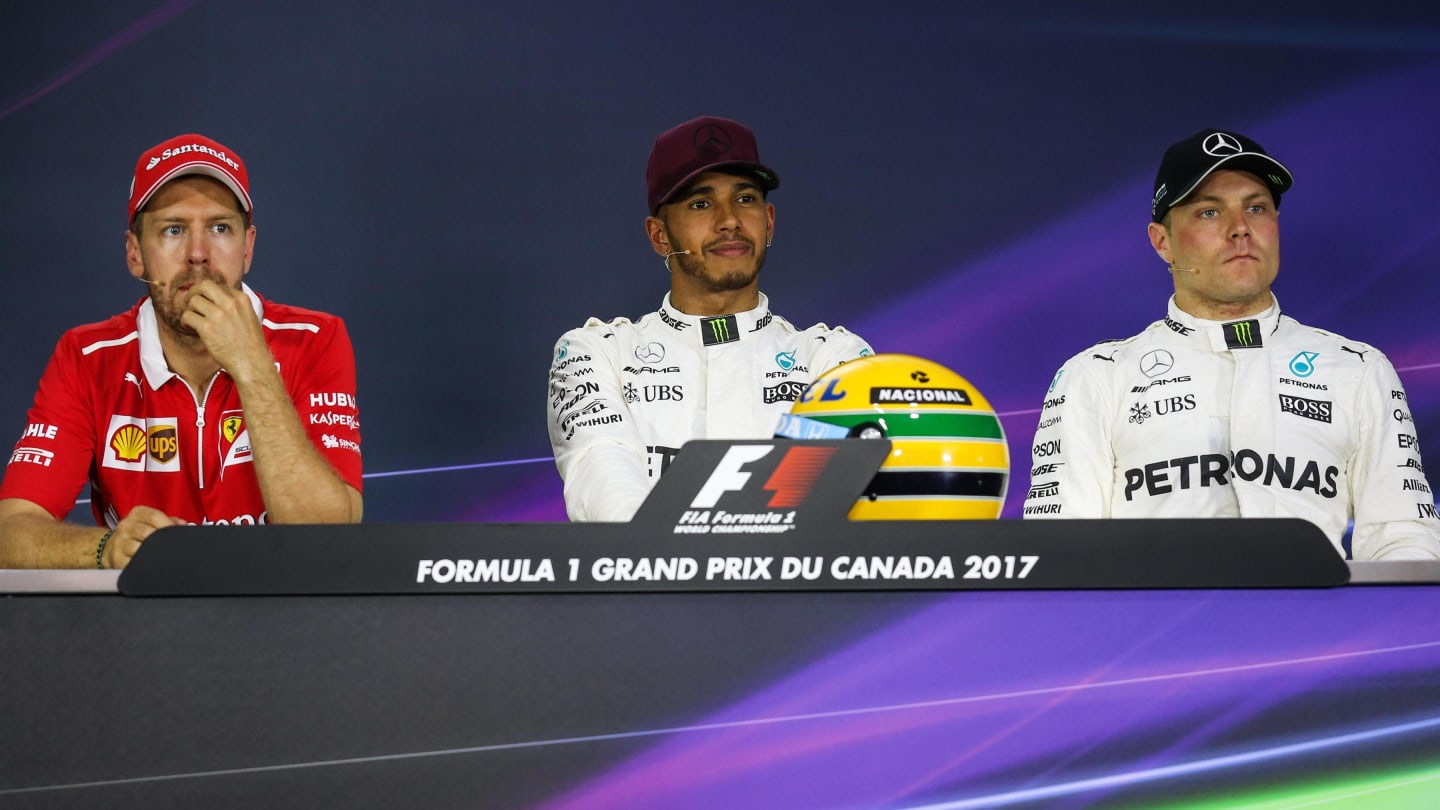 Sebastian Vettel (GER) Ferrari, Pole sitter Lewis Hamilton (GBR) Mercedes AMG F1 and Valtteri Bottas (FIN) Mercedes AMG F1 in the Press Conference with the helmet of Ayrton Senna at Formula One World Championship, Rd7, Canadian Grand Prix, Qualifying, Montreal, Canada, Saturday 10 June 2017. © Sutton Motorsport Images