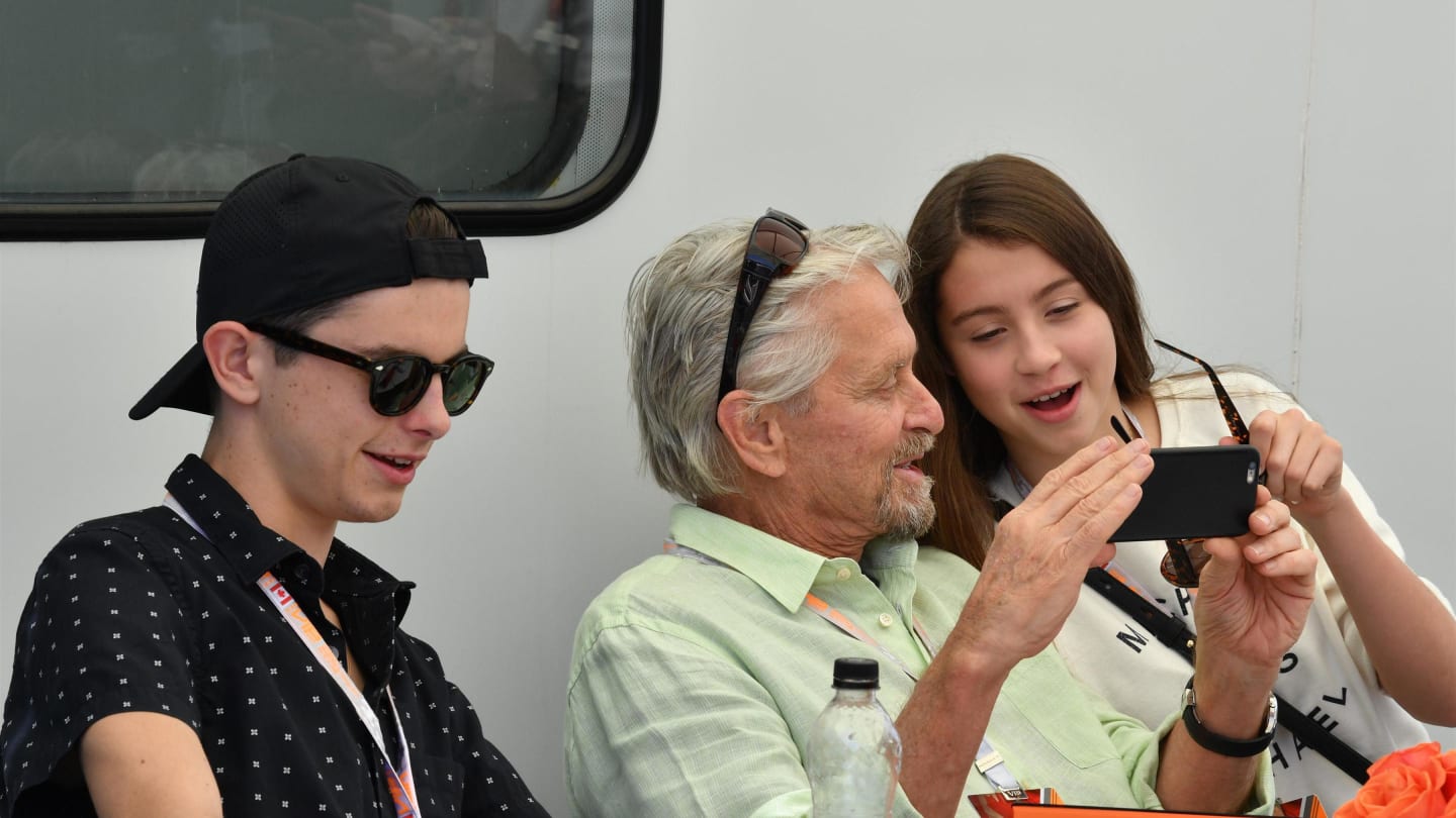 Michael Douglas (USA) with his son Dylan Douglas (USA) and daughter Carys Zeta-Douglas (USA) at Formula One World Championship, Rd7, Canadian Grand Prix, Qualifying, Montreal, Canada, Saturday 10 June 2017. © Sutton Motorsport Images