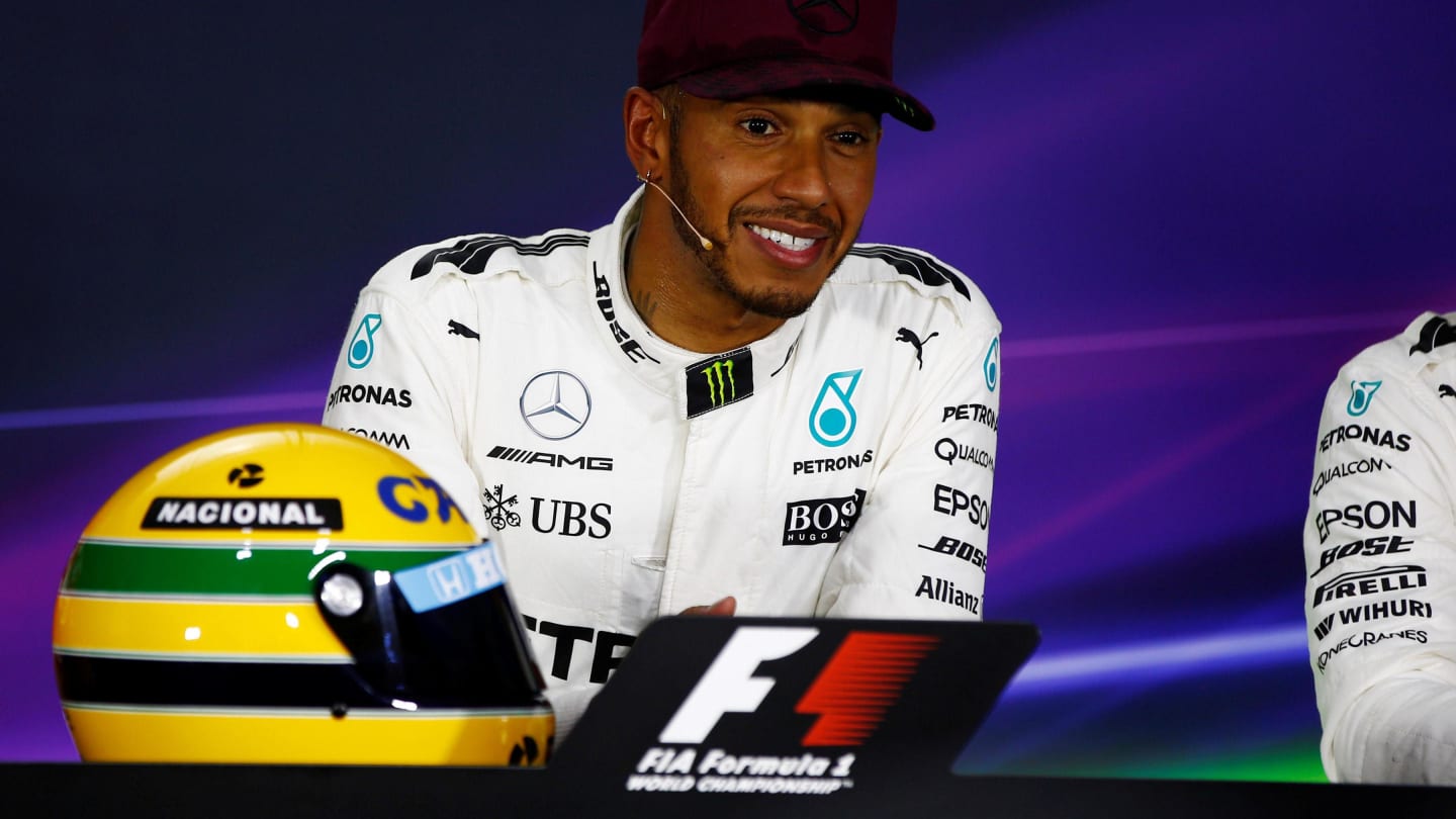 Pole sitter Lewis Hamilton (GBR) Mercedes AMG F1 with the helmet of Ayrton Senna in the Press Conference at Formula One World Championship, Rd7, Canadian Grand Prix, Qualifying, Montreal, Canada, Saturday 10 June 2017. © Sutton Motorsport Images