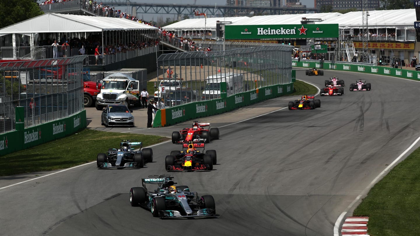 Lewis Hamilton (GBR) Mercedes-Benz F1 W08 Hybrid leads as Valtteri Bottas (FIN) Mercedes-Benz F1 W08 Hybrid and Max Verstappen (NED) Red Bull Racing RB13 battle for position at Formula One World Championship, Rd7, Canadian Grand Prix, Race, Montreal, Canada, Sunday 11 June 2017. © Sutton Images
