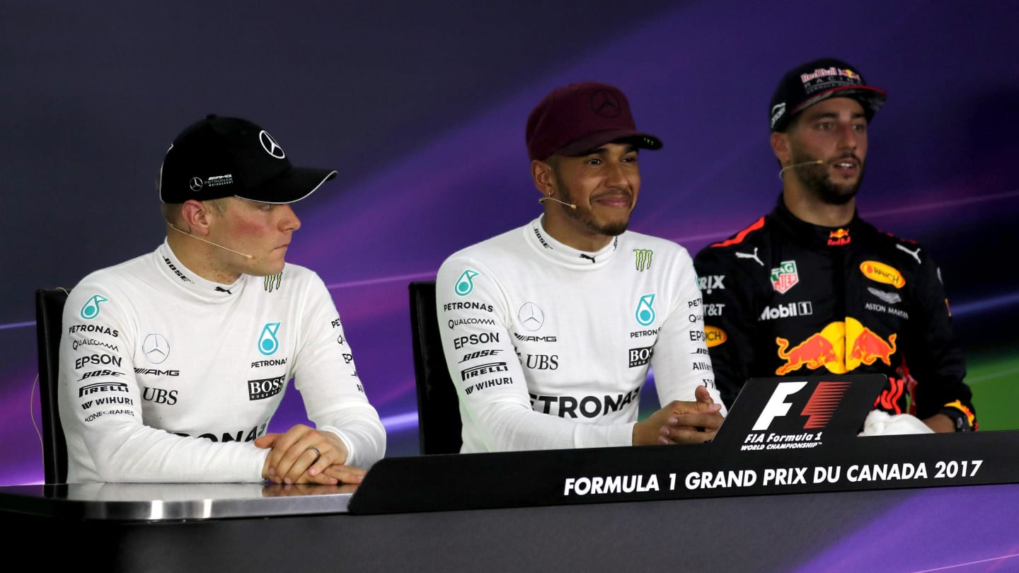 Valtteri Bottas (FIN) Mercedes AMG F1, Race winner Lewis Hamilton (GBR) Mercedes AMG F1 and Daniel Ricciardo (AUS) Red Bull Racing in the Press Conference at Formula One World Championship, Rd7, Canadian Grand Prix, Race, Montreal, Canada, Sunday 11 June 2017. © Sutton Motorsport Images