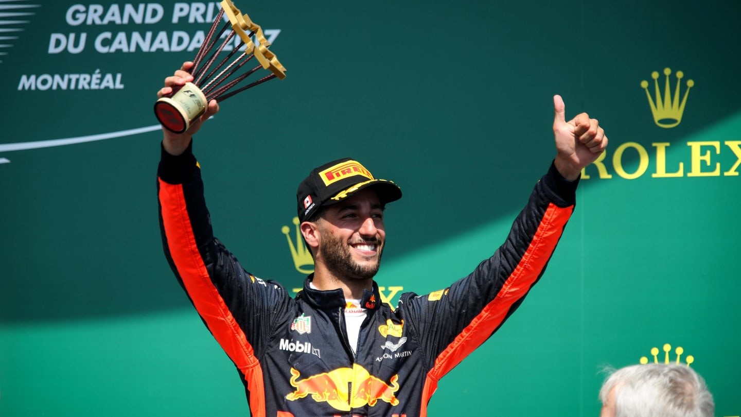 Daniel Ricciardo (AUS) Red Bull Racing celebrates on the podium with the trophy at Formula One World Championship, Rd7, Canadian Grand Prix, Race, Montreal, Canada, Sunday 11 June 2017. © Sutton Motorsport Images