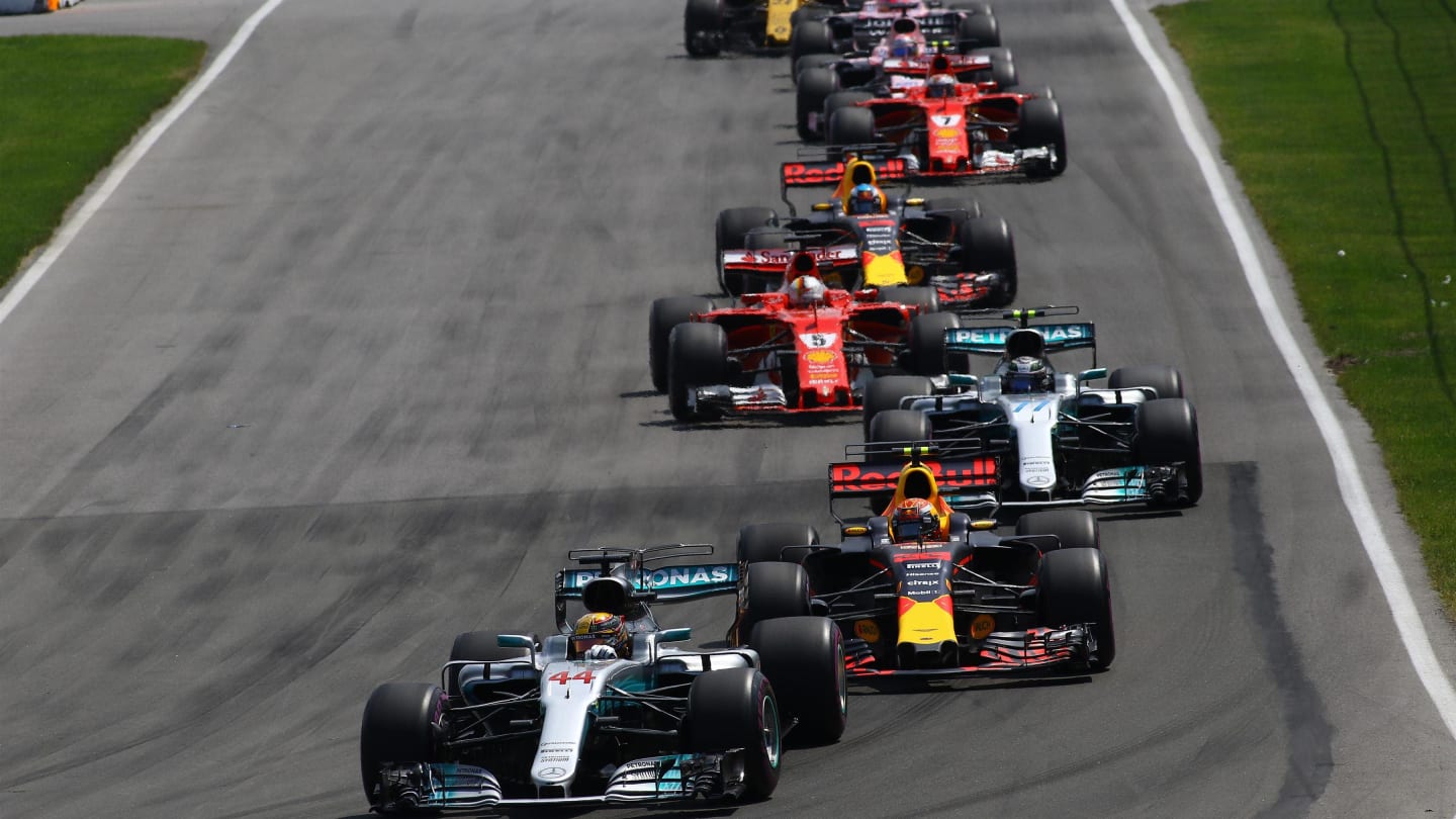 Lewis Hamilton (GBR) Mercedes-Benz F1 W08 Hybrid leads at the start of the race at Formula One