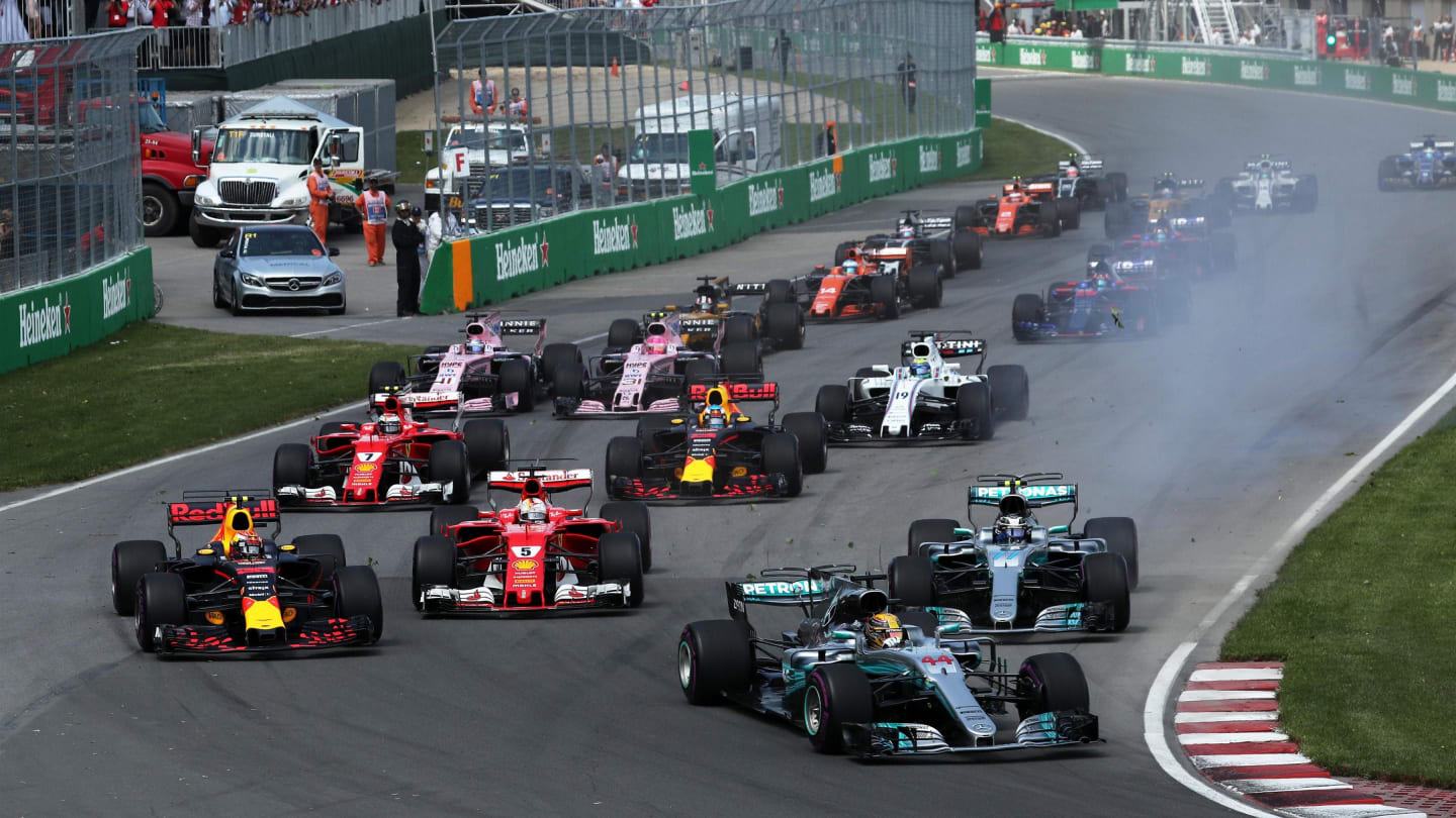 Lewis Hamilton (GBR) Mercedes-Benz F1 W08 Hybrid leads at the start of the race at Formula One World Championship, Rd7, Canadian Grand Prix, Race, Montreal, Canada, Sunday 11 June 2017. © Sutton Images