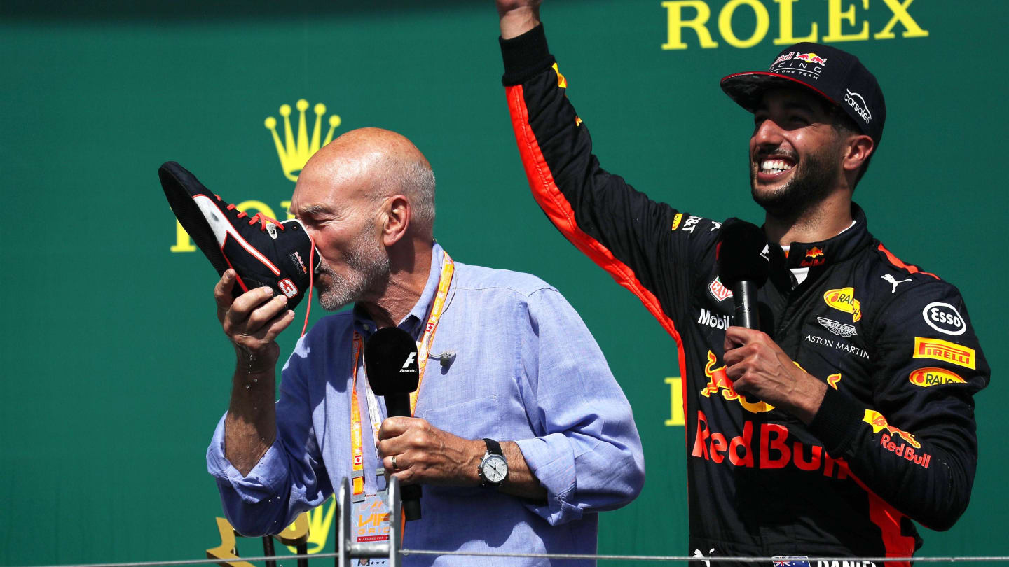 Patrick Stewart (GBR) does a Shoey on the podium with Daniel Ricciardo (AUS) Red Bull Racing at Formula One World Championship, Rd7, Canadian Grand Prix, Race, Montreal, Canada, Sunday 11 June 2017. © Sutton Images