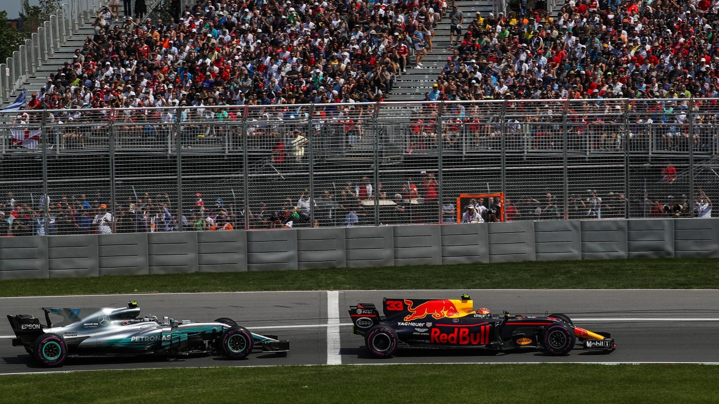 Max Verstappen (NED) Red Bull Racing RB13 leads Valtteri Bottas (FIN) Mercedes-Benz F1 W08 Hybrid at Formula One World Championship, Rd7, Canadian Grand Prix, Race, Montreal, Canada, Sunday 11 June 2017. © Sutton Images