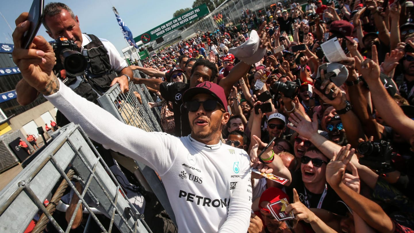 Race winner Lewis Hamilton (GBR) Mercedes AMG F1 celebrates with the fans at Formula One World Championship, Rd7, Canadian Grand Prix, Race, Montreal, Canada, Sunday 11 June 2017. © Sutton Motorsport Images