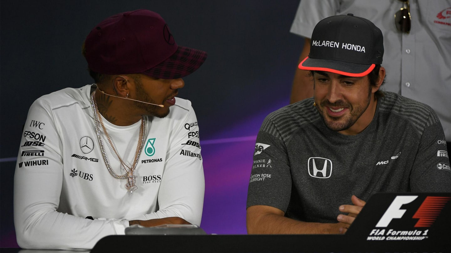 Lewis Hamilton (GBR) Mercedes AMG F1 and Fernando Alonso (ESP) McLaren in the Press Conference at Formula One World Championship, Rd7, Canadian Grand Prix, Preparations, Montreal, Canada, Thursday 8 June 2017. © Sutton Motorsport Images