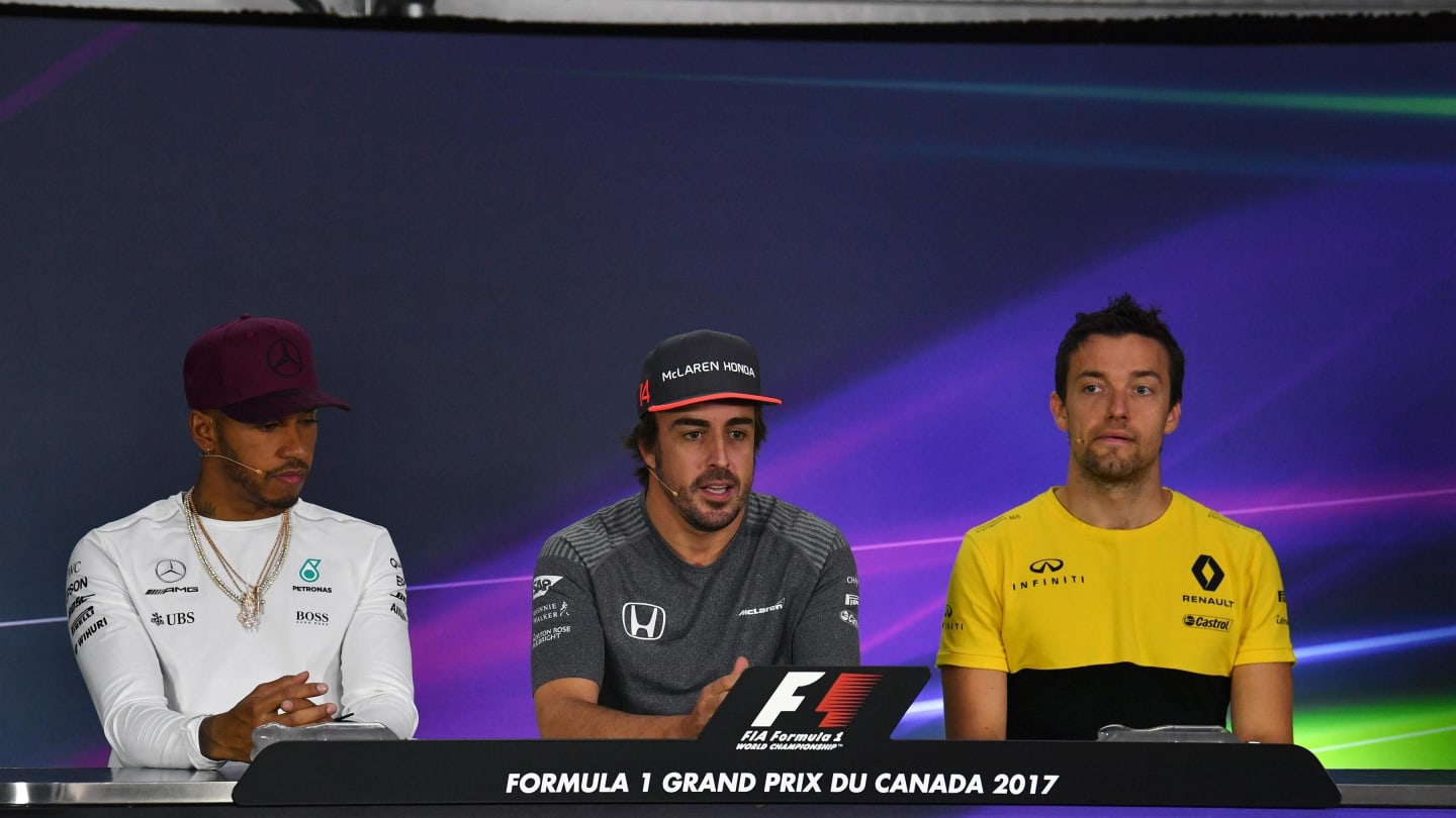 (L to R): Lewis Hamilton (GBR) Mercedes AMG F1, Fernando Alonso (ESP) McLaren and Jolyon Palmer (GBR) Renault Sport F1 Team in the Press Conference at Formula One World Championship, Rd7, Canadian Grand Prix, Preparations, Montreal, Canada, Thursday 8 June 2017. © Sutton Motorsport Images