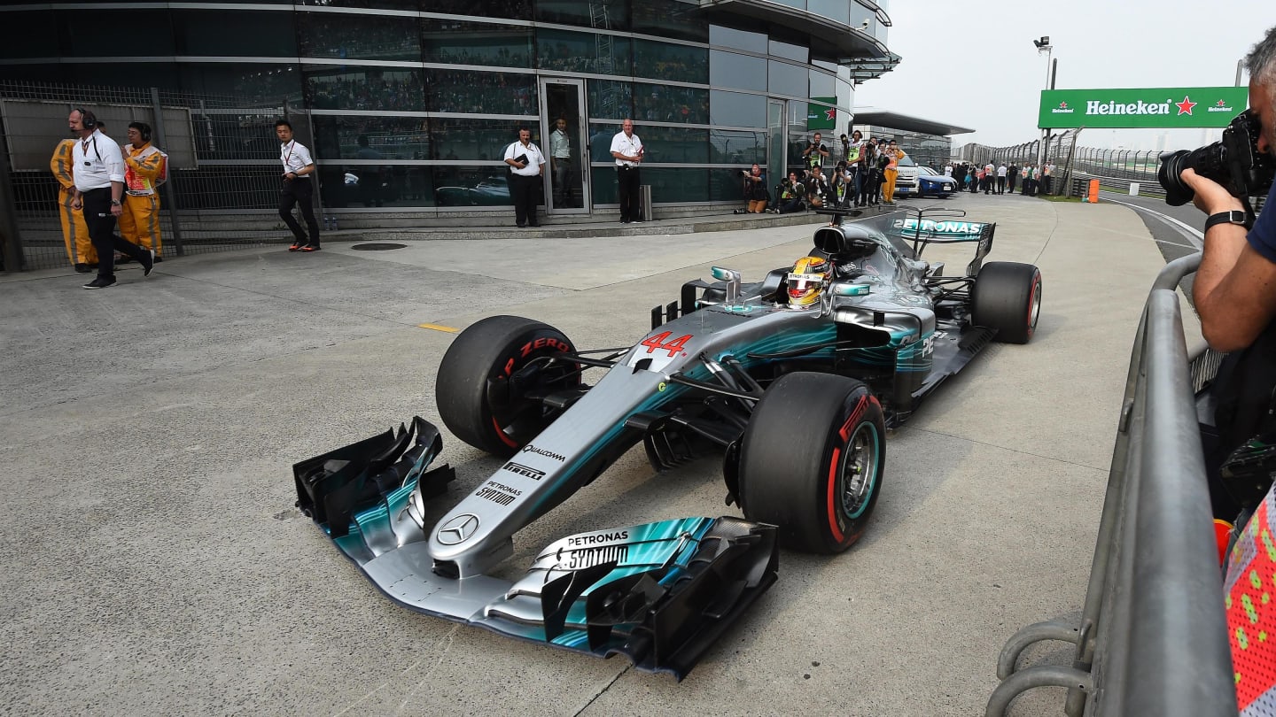 Pole sitter Lewis Hamilton (GBR) Mercedes-Benz F1 W08 Hybrid arrives in parc ferme at Formula One World Championship, Rd2, Chinese Grand Prix, Qualifying, Shanghai, China, Saturday 8 April 2017. © Sutton Motorsport Images