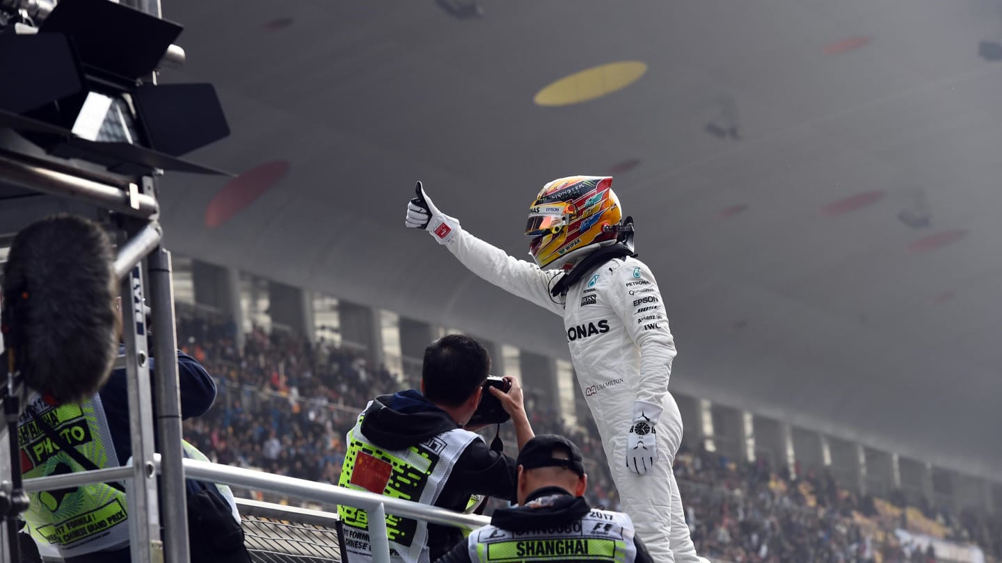 Pole sitter Lewis Hamilton (GBR) Mercedes-Benz F1 W08 Hybrid celebrates in parc ferme at Formula One World Championship, Rd2, Chinese Grand Prix, Qualifying, Shanghai, China, Saturday 8 April 2017. © Sutton Motorsport Images