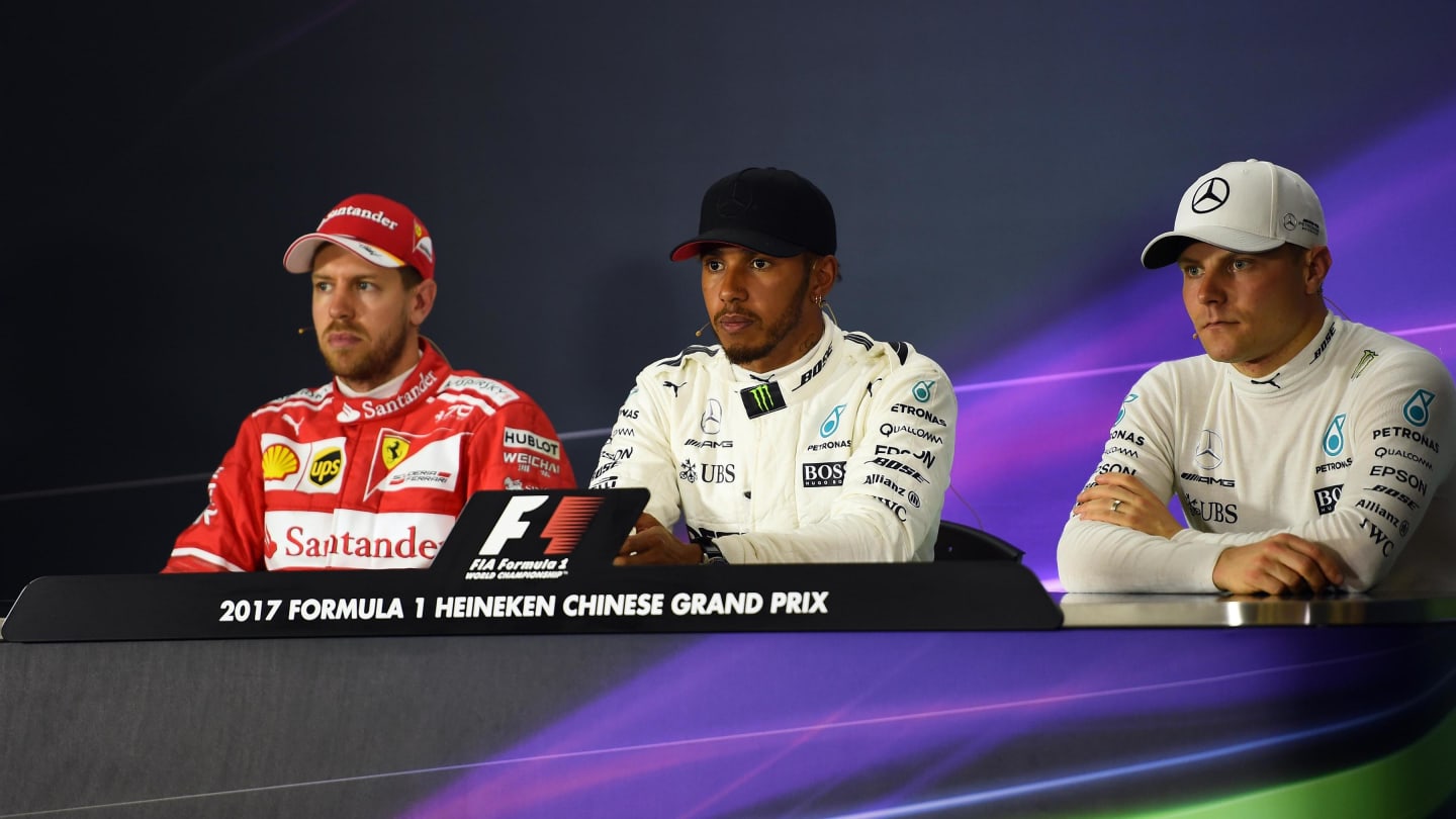 Vettel (GER) Ferrari, Hamilton (GBR) Mercedes AMG F1 and Bottas (FIN) Mercedes AMG F1 in the Press Conference at Formula One World Championship, Rd2, Chinese Grand Prix, Qualifying, Shanghai, China, Saturday 8 April 2017. © Sutton Motorsport Images