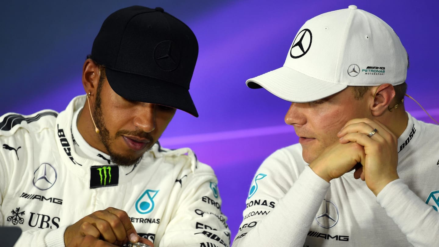 Lewis Hamilton (GBR) Mercedes AMG F1 and Valtteri Bottas (FIN) Mercedes AMG F1 in the Press Conference at Formula One World Championship, Rd2, Chinese Grand Prix, Qualifying, Shanghai, China, Saturday 8 April 2017. © Sutton Motorsport Images