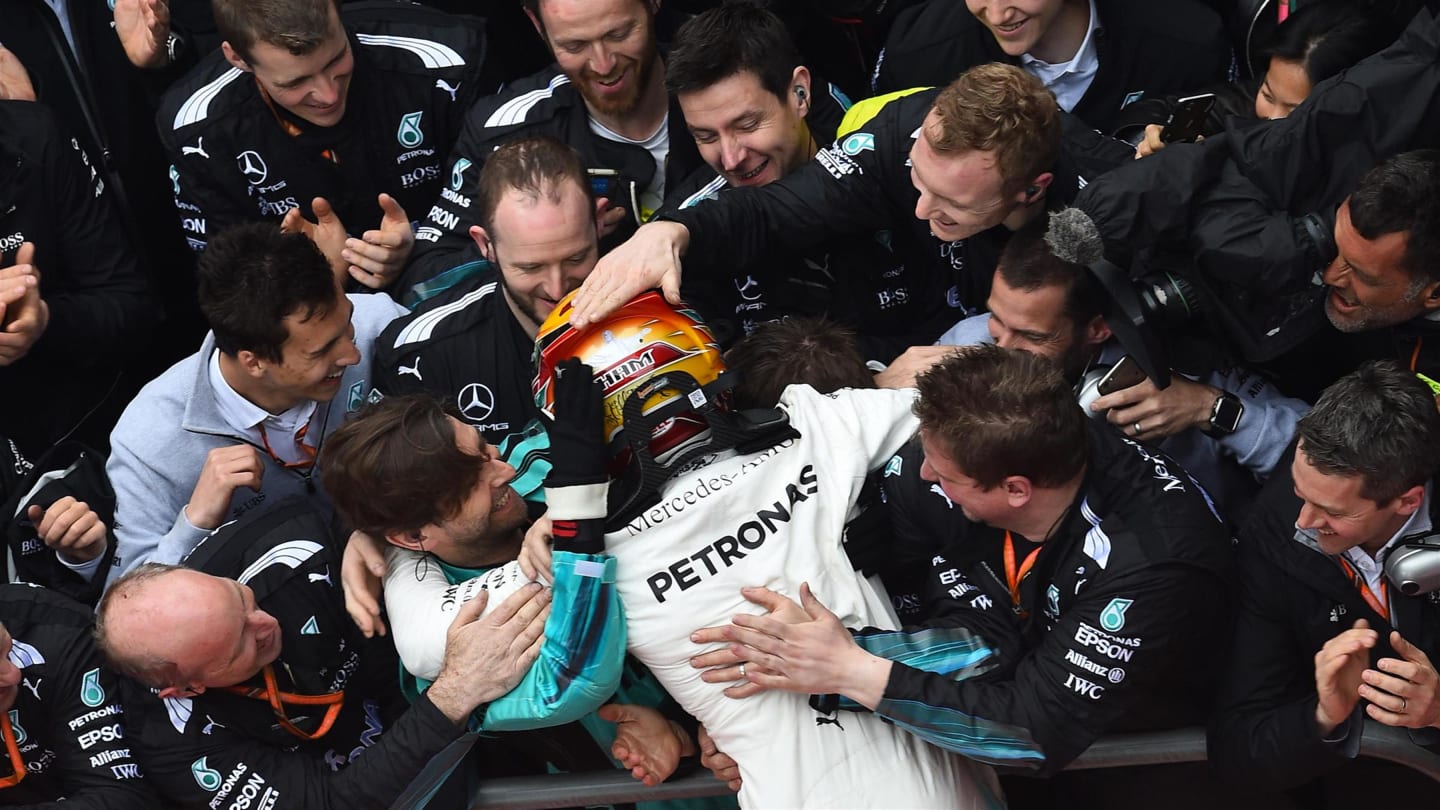 Race winner Lewis Hamilton (GBR) Mercedes AMG F1 celebrates in parc ferme with the team at Formula One World Championship, Rd2, Chinese Grand Prix, Race, Shanghai, China, Sunday 9 April 2017. © Sutton Motorsport Images