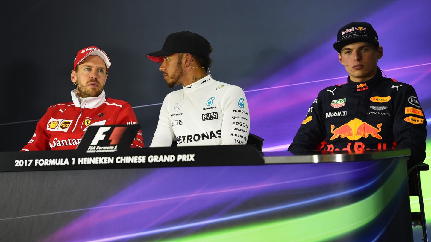 Max Verstappen (NED) Red Bull Racing, Sebastian Vettel (GER) Ferrari and race winner Lewis Hamilton (GBR) Mercedes AMG F1 in the Press Conference at F1 World Championship, Chinese Grand Prix, Shanghai, China, 9 April 2017. ©Sutton Motorsport Images