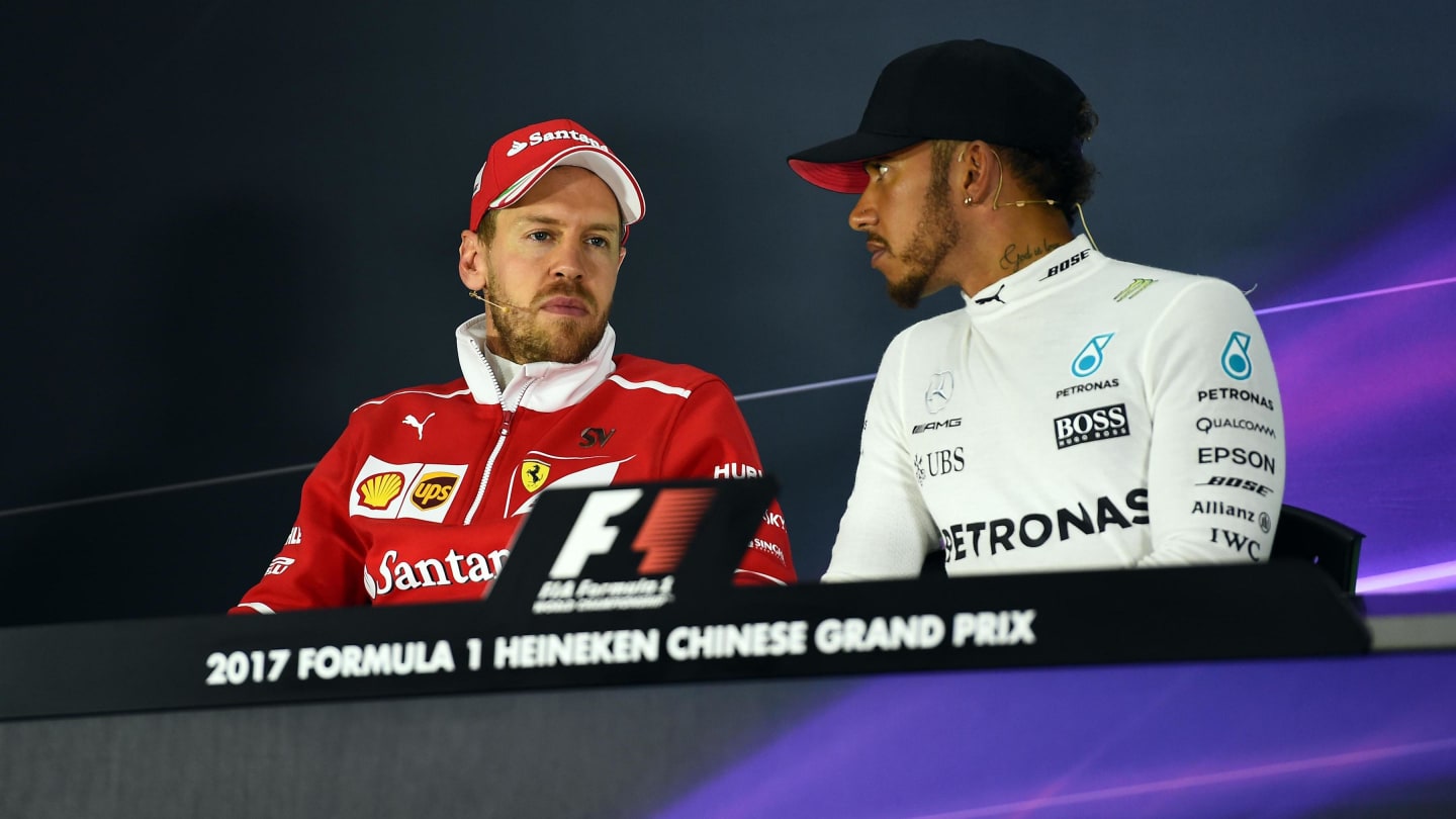 Sebastian Vettel (GER) Ferrari and race winner Lewis Hamilton (GBR) Mercedes AMG F1 in the Press Conference at Formula One World Championship, Rd2, Chinese Grand Prix, Race, Shanghai, China, Sunday 9 April 2017. © Sutton Motorsport Images