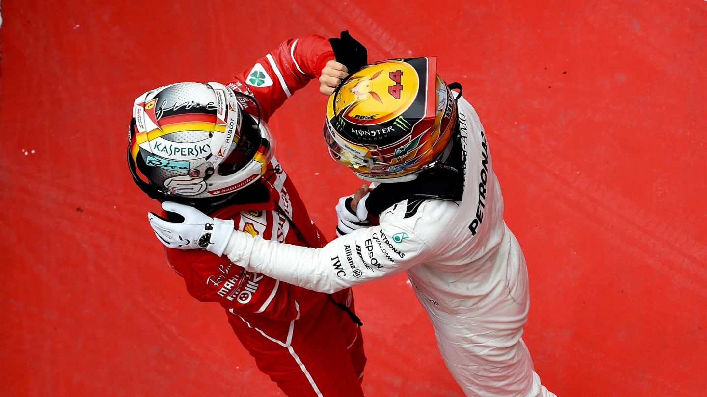 Race winner Lewis Hamilton (GBR) Mercedes AMG F1 and Sebastian Vettel (GER) Ferrari celebrate in parc ferme at Formula One World Championship, Rd2, Chinese Grand Prix, Race, Shanghai, China, Sunday 9 April 2017. © Sutton Motorsport Images