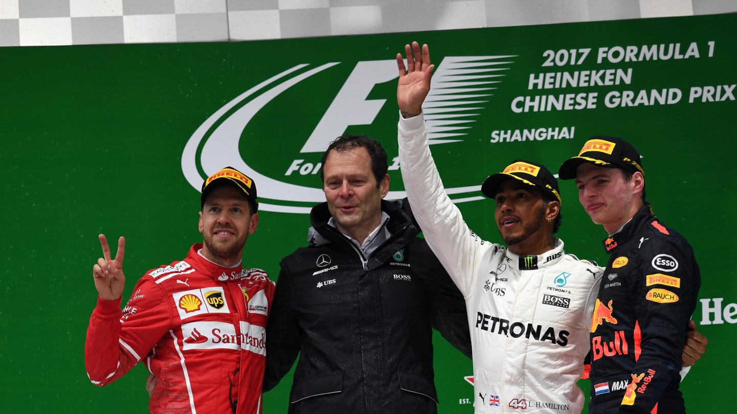 Vettel (GER), Costa (ITA), Hamilton (GBR) and Verstappen (NED) celebrate on the podium at Formula One World Championship, Rd2, Chinese Grand Prix, Race, Shanghai, China, Sunday 9 April 2017. © Sutton Motorsport Images