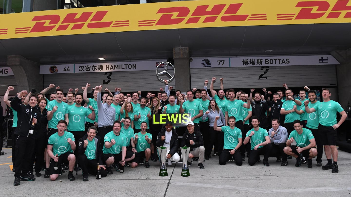 Race winner Lewis Hamilton (GBR) Mercedes AMG F1 celebrates with Valtteri Bottas (FIN) Mercedes AMG F1 and the team at Formula One World Championship, Rd2, Chinese Grand Prix, Race, Shanghai, China, Sunday 9 April 2017. © Sutton Motorsport Images