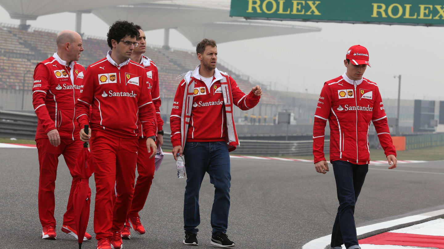 Vettel (GER) Ferrari walks the track with Clear (GBR) Ferrari Chief Engineer and Leclerc (MON) Ferrari Young Driver at Formula One World Championship, Rd2, Chinese Grand Prix, Preparations, Shanghai, China, Thursday 6 April 2017. © Sutton Motorsport Image