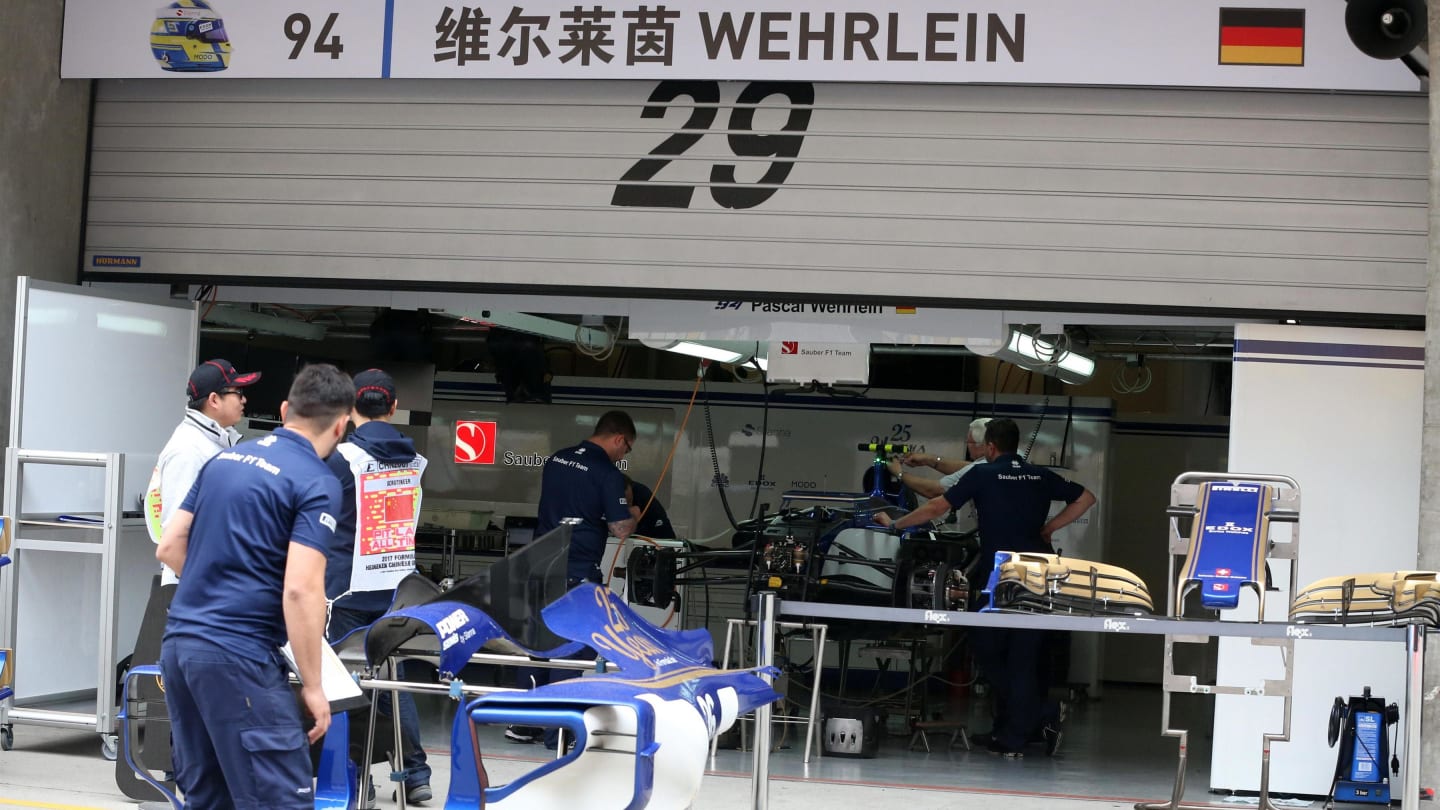 The garage of Antonio Giovinazzi (ITA) Sauber with Pascal Wehrlein (GER) Sauber sign at Formula One World Championship, Rd2, Chinese Grand Prix, Preparations, Shanghai, China, Thursday 6 April 2017. © Sutton Motorsport Images
