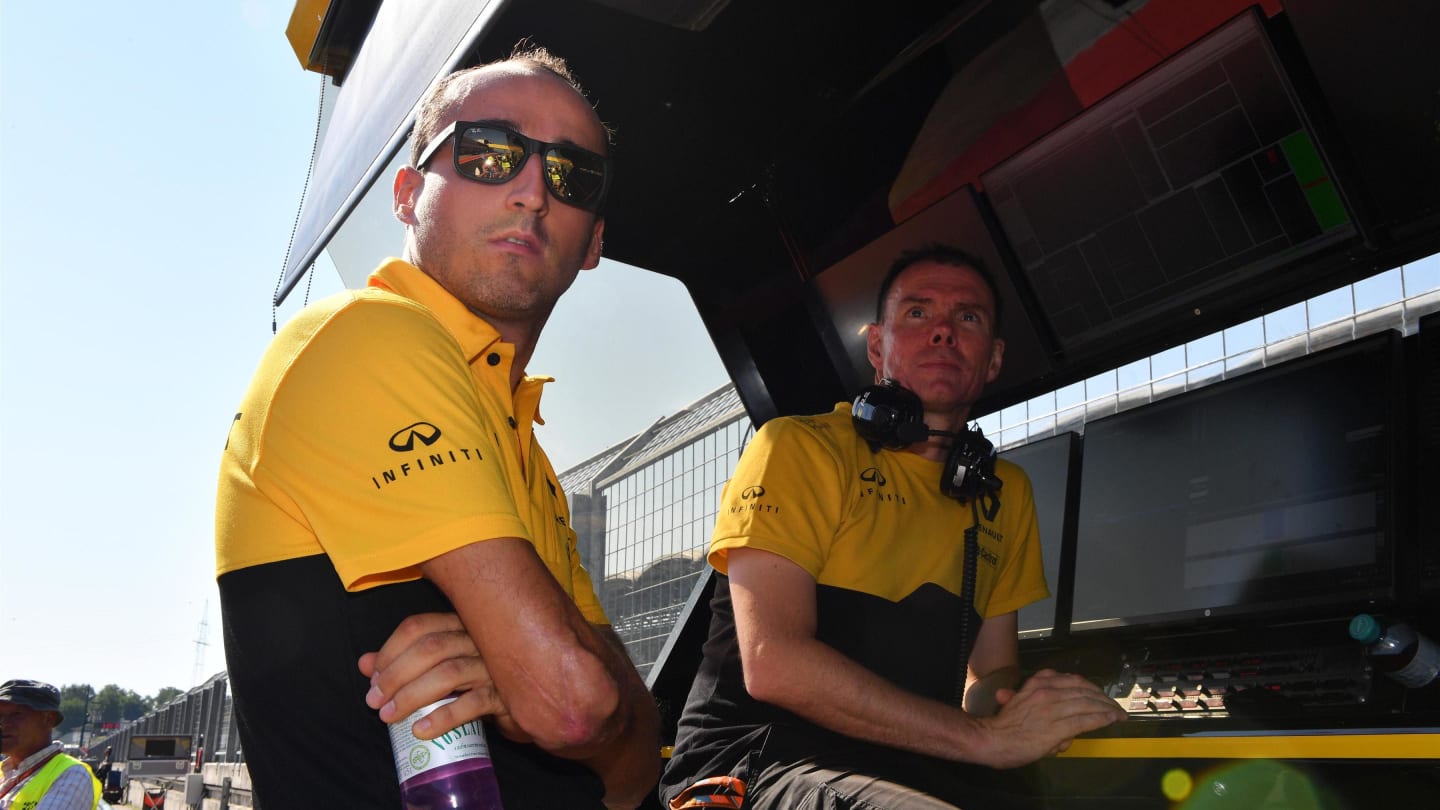 Robert Kubica (POL) Renault Sport F1 Team and Alan Permane (GBR) Renault Sport F1 Team Race Engineer at Formula One Testing, Day One, Hungaroring, Hungary, Tuesday 1 August 2017. © Sutton Images