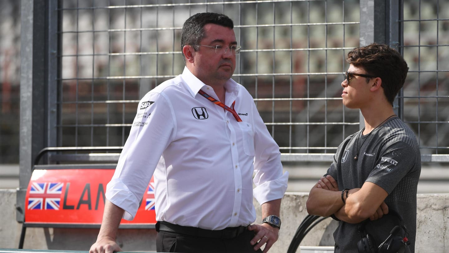 Eric Boullier (FRA) McLaren Racing Director and Nyck De Vries (NED) McLaren at Formula One Testing, Day Two, Hungaroring, Hungary, Wednesday 2 August 2017. © Sutton Images