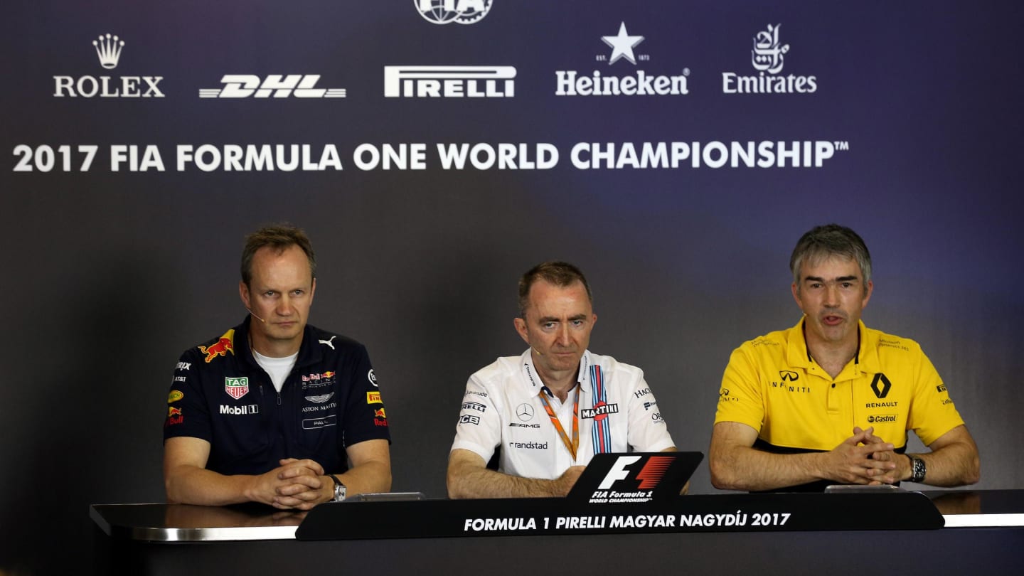 Paul Monaghan (GBR) Red Bull Racing Chief Engineer, Paddy Lowe (GBR) Williams Shareholder and Technical Director and Nick Chester (GBR) Renault Sport F1 Team Technical Director in the Press Conference at Formula One World Championship, Rd11, Hungarian Grand Prix, Practice, Hungaroring, Hungary, Friday 28 July 2017. © Sutton Images