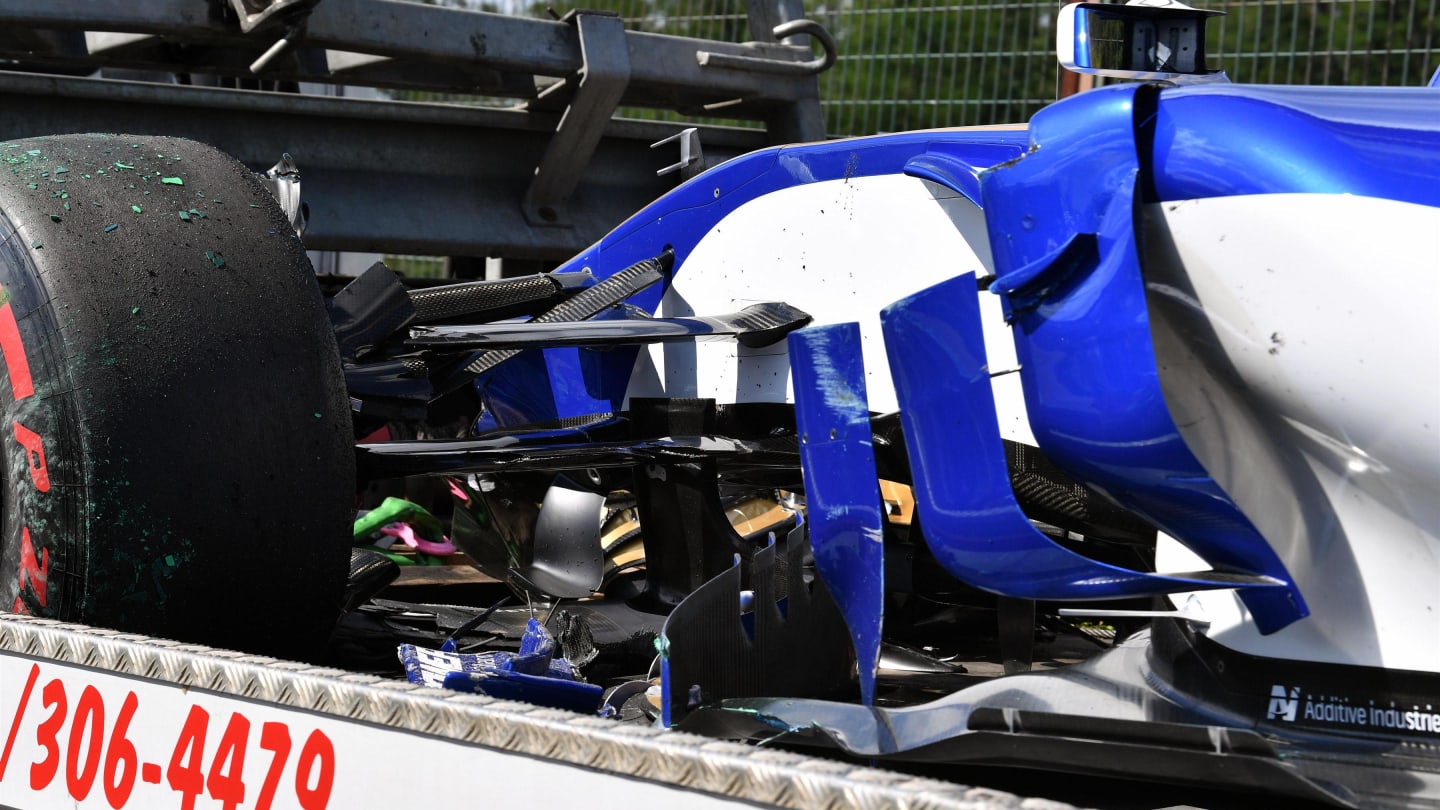 The crashed car of Pascal Wehrlein (GER) Sauber C36 is recovered in FP2 at Formula One World Championship, Rd11, Hungarian Grand Prix, Practice, Hungaroring, Hungary, Friday 28 July 2017. © Sutton Images