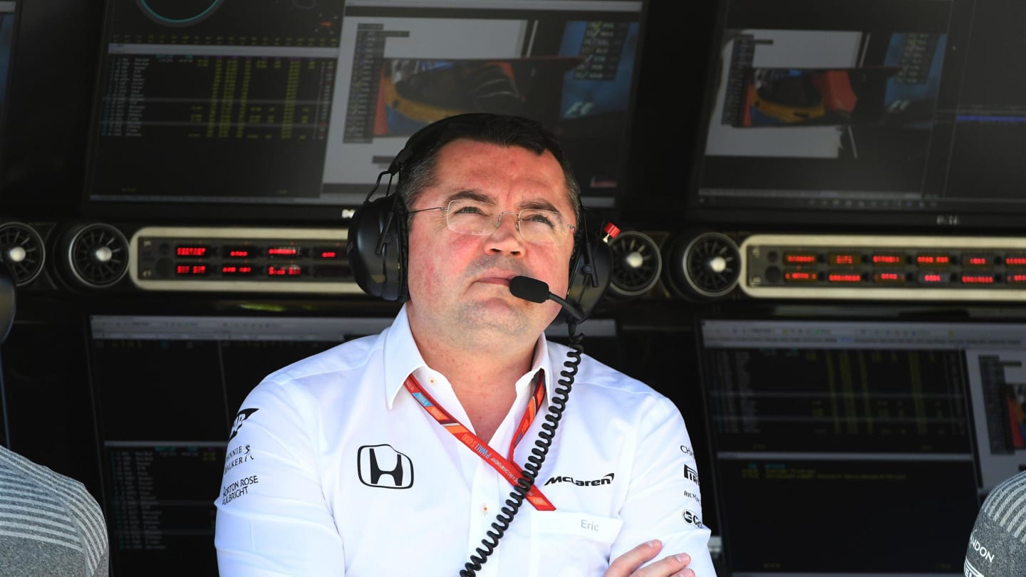 Eric Boullier (FRA) McLaren Racing Director on the pit wall gantry at Formula One World