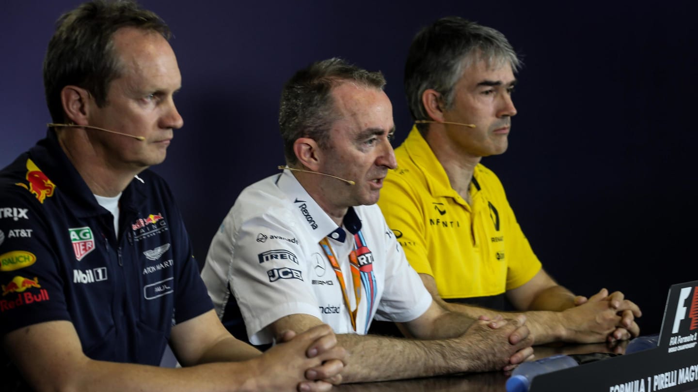 Paul Monaghan (GBR) Red Bull Racing Chief Engineer, Paddy Lowe (GBR) Williams Shareholder and Technical Director and Nick Chester (GBR) Renault Sport F1 Team Technical Director in the Press Conference at Formula One World Championship, Rd11, Hungarian Grand Prix, Practice, Hungaroring, Hungary, Friday 28 July 2017. © Sutton Images