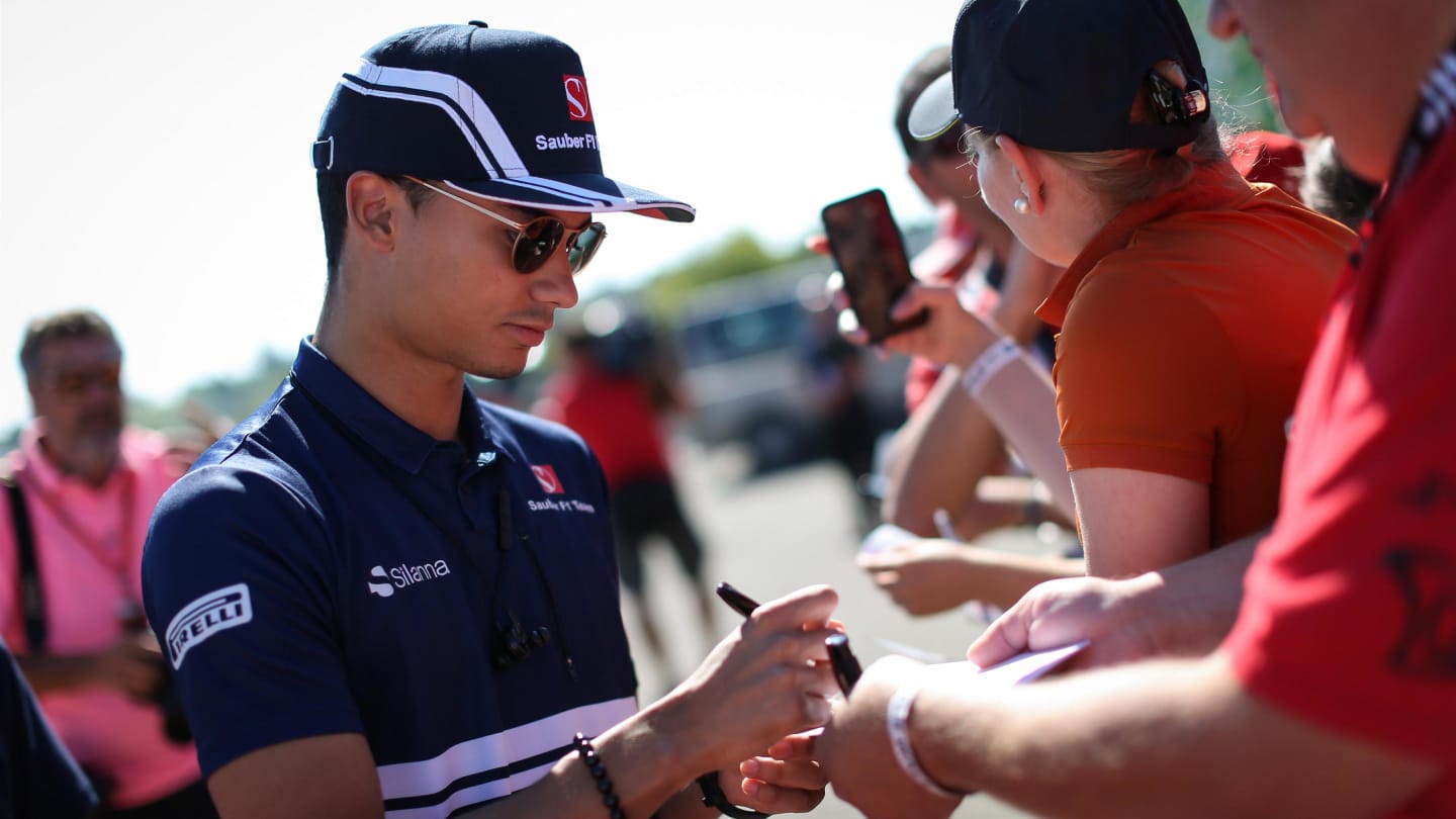 Pascal Wehrlein (GER) Sauber signs autographs for the fans at Formula One World Championship, Rd11, Hungarian Grand Prix, Qualifying, Hungaroring, Hungary, Saturday 29 July 2017. © Sutton Images