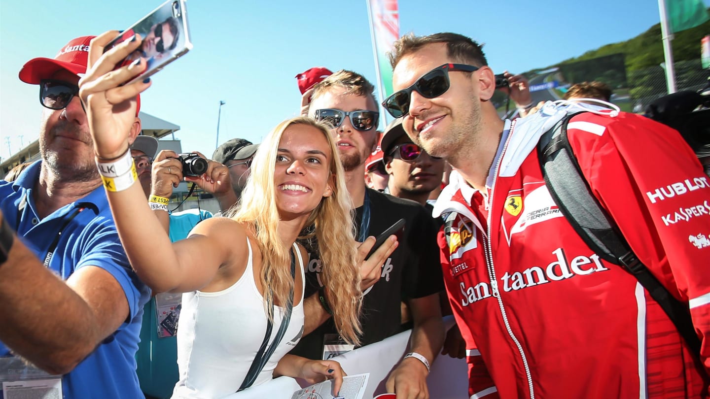 Sebastian Vettel (GER) Ferrari fans selfie at Formula One World Championship, Rd11, Hungarian Grand Prix, Qualifying, Hungaroring, Hungary, Saturday 29 July 2017. © Sutton Images