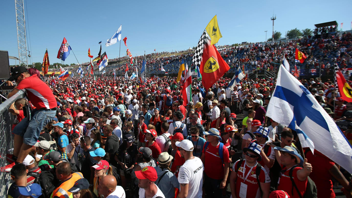 Ferrari Fans and flags at the podium celebrations at Formula One World Championship, Rd11, Hungarian Grand Prix, Race, Hungaroring, Hungary, Sunday 30 July 2017. © Sutton Images