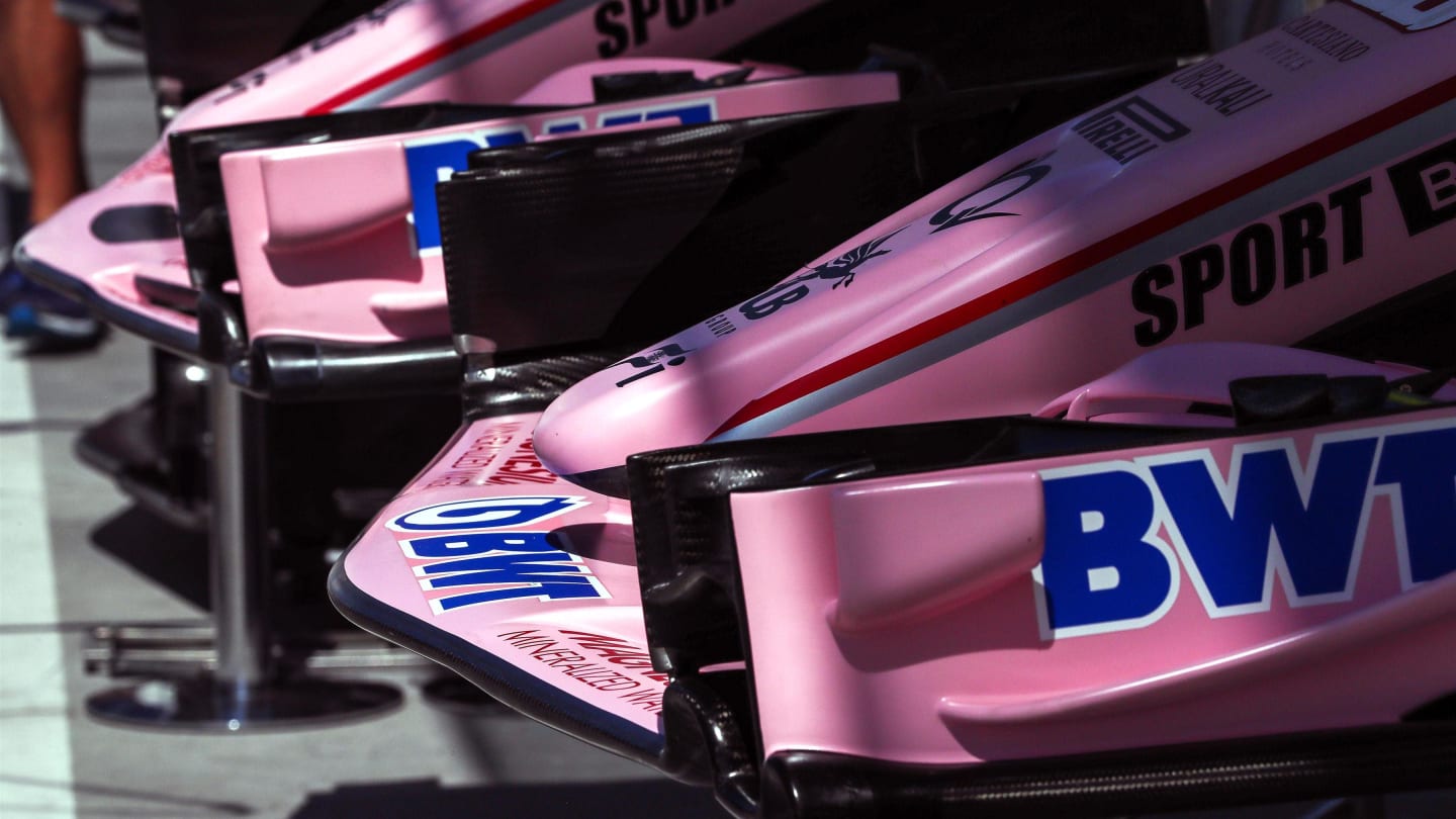 The nose and front wing detail of Force India VJM10 at Formula One World Championship, Rd11,