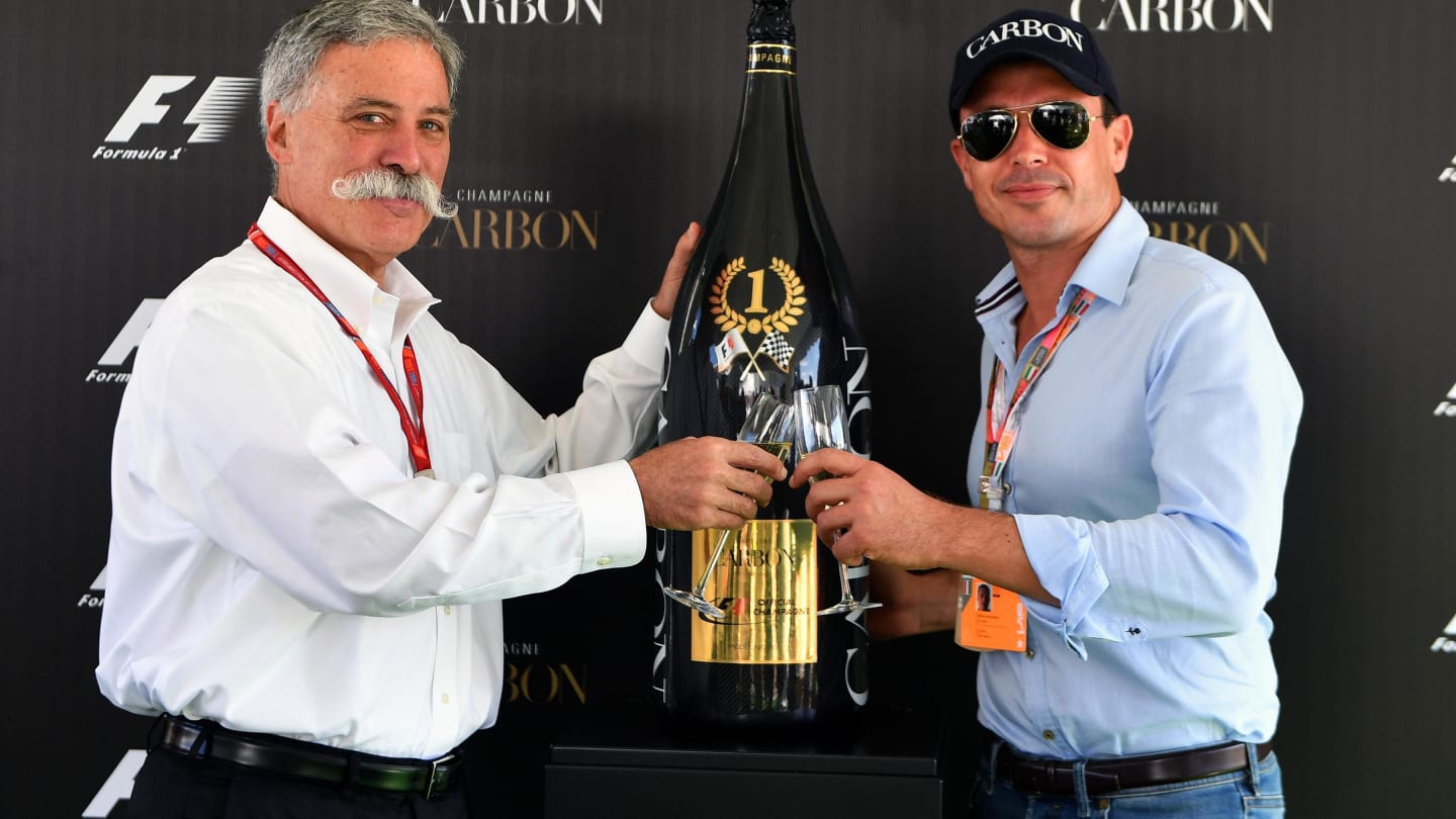 Chase Carey (USA) Chief Executive Officer and Executive Chairman of the Formula One Group and Alex Mea (CDN) at a Carbon Champagne Media Reception at Formula One World Championship, Rd11, Hungarian Grand Prix, Race, Hungaroring, Hungary, Sunday 30 July 2017. © Sutton Images