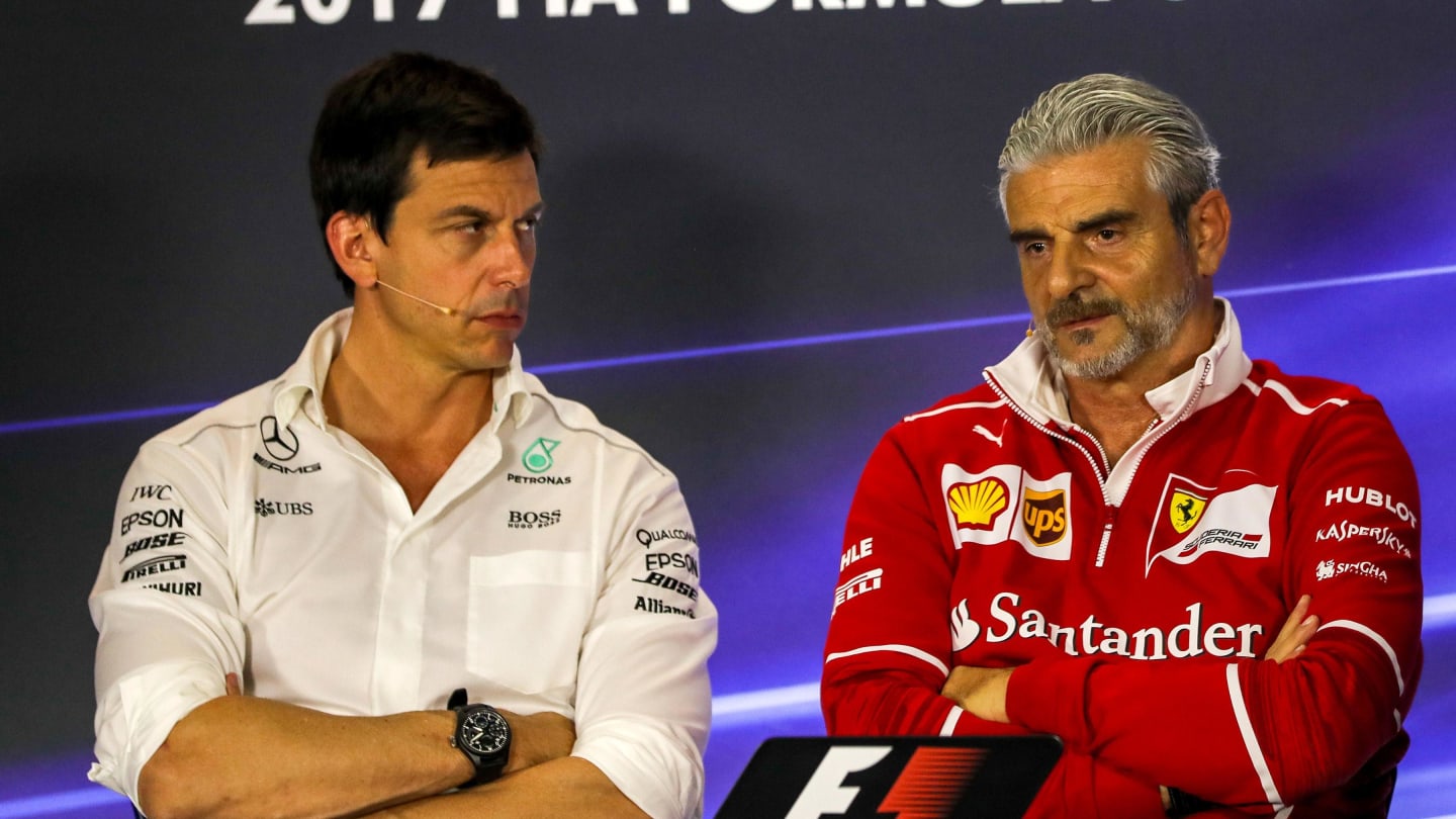 Toto Wolff (AUT) Mercedes AMG F1 Director of Motorsport and Maurizio Arrivabene (ITA) Ferrari Team Principal in the Press Conference at Formula One World Championship, Rd13, Italian Grand Prix, Practice, Monza, Italy, Friday 1 September 2017. © Sutton Images