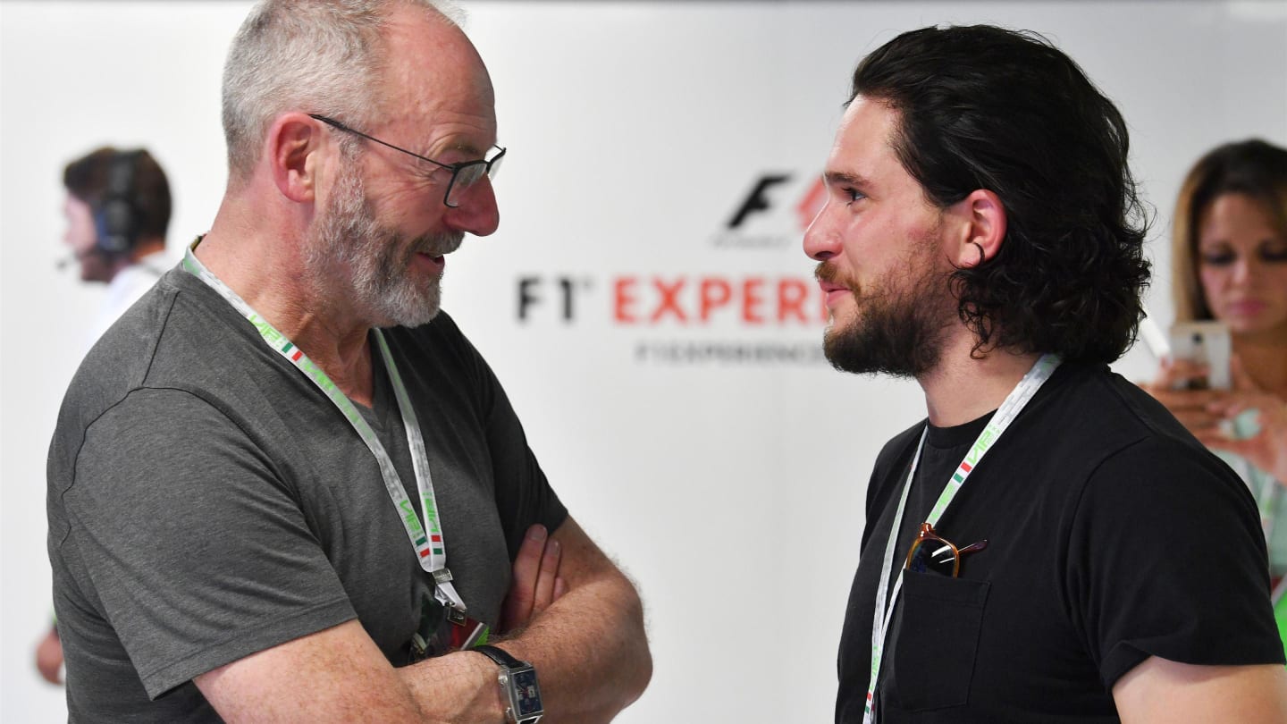 Liam Cunningham (IRL) Actor and Kit Harington (GBR) Actor at Formula One World Championship, Rd13, Italian Grand Prix, Practice, Monza, Italy, Friday 1 September 2017. © Sutton Images