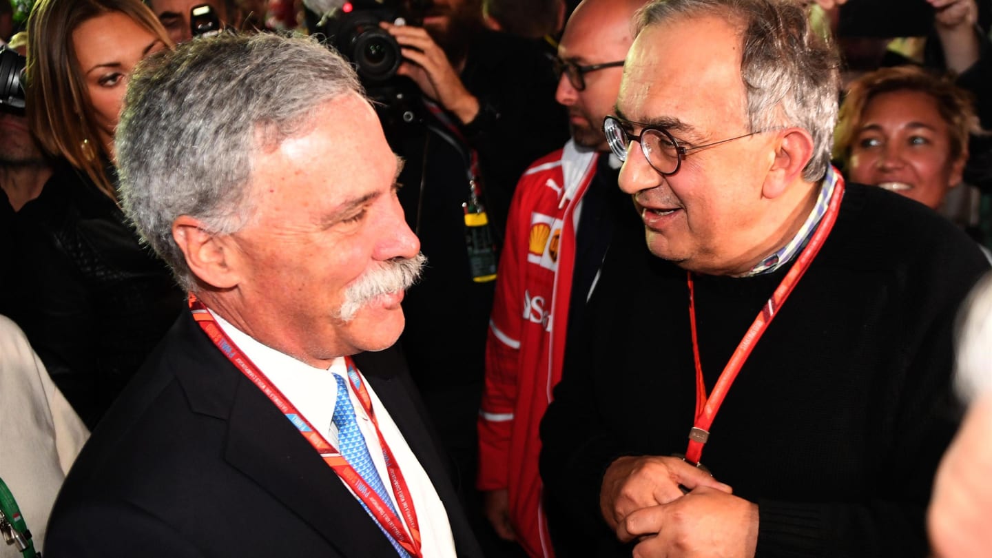 Chase Carey (USA) Chief Executive Officer and Executive Chairman of the Formula One Group and Sergio Marchionne (ITA) CEO FIAT at Ferrari 70th Anniversary at Formula One World Championship, Rd13, Italian Grand Prix, Qualifying, Monza, Italy, Saturday 2 September 2017. © Sutton Images