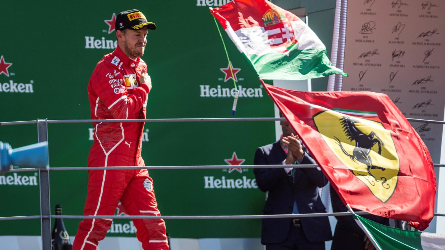 Sebastian Vettel (GER) Ferrari celebrates on the podium at Formula One World Championship, Rd13, Italian Grand Prix, Race, Monza, Italy, Sunday 3 September 2017. © Sutton Images