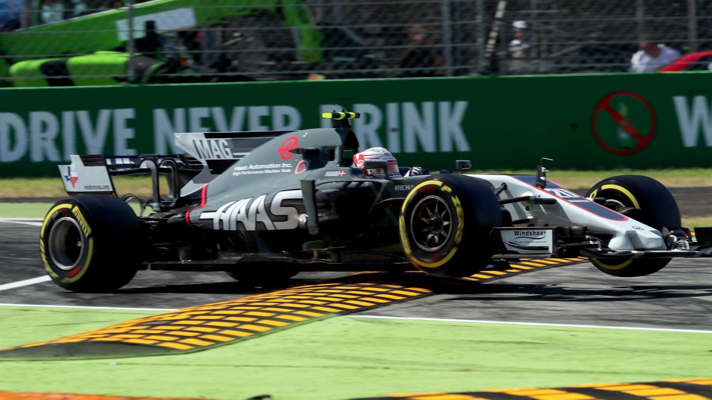 Kevin Magnussen (DEN) Haas VF-17 runs wide and jumps the kerb at Formula One World Championship,